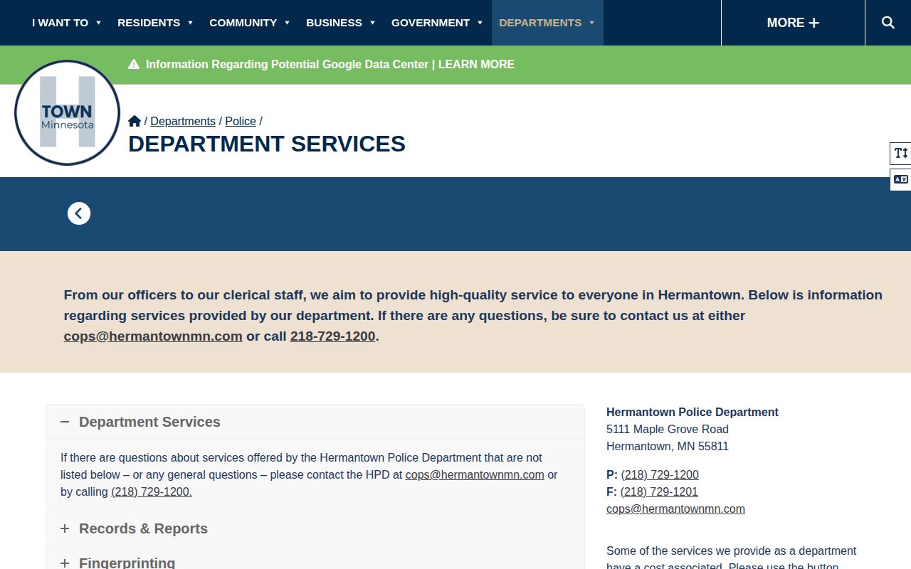 Hermantown Police Department records services page for St. Louis County booking record requests