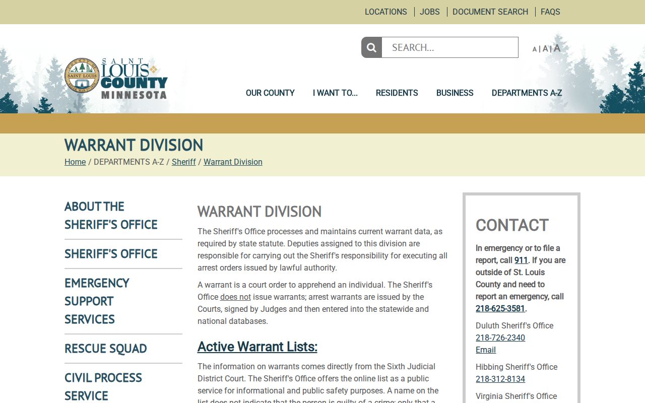 St. Louis County warrant record information on the official Sheriff Warrant Division page